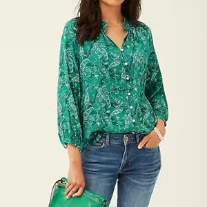 J. Jill Ruffled Satin Top - Green Paisley Blouse - Size Large